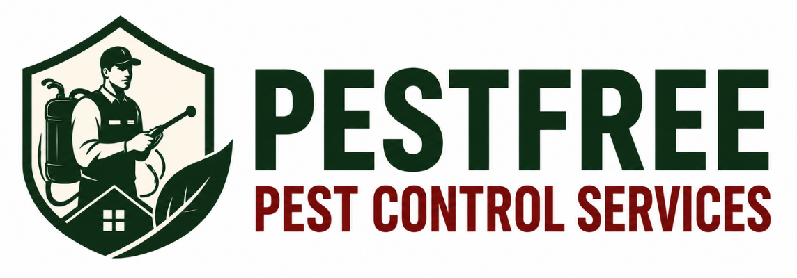 Pestfree Pest Control Services logo featuring a pest control technician inside a shield with home protection elements, representing residential and commercial pest control services in Mumbai.